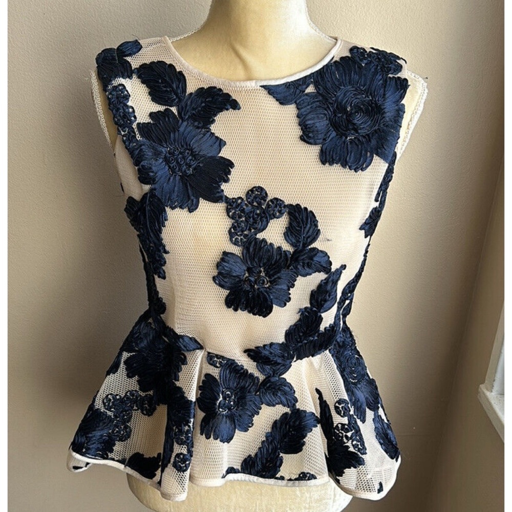 NWT Gracia mesh nude peplum blouse with blue flowers
